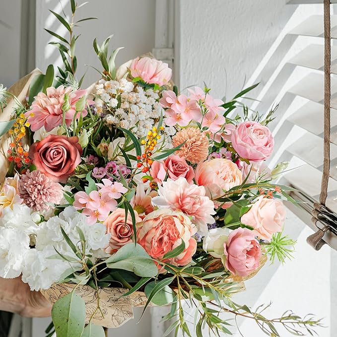 Artificial Flowers Combo Box, 30PCS Fake Flowers, Silk Flower Mix with Wire Stem, DIY Wedding Bridal Bouquet for Arrangement, Shower Party Home Décor, Blush Pink & Rose Mix