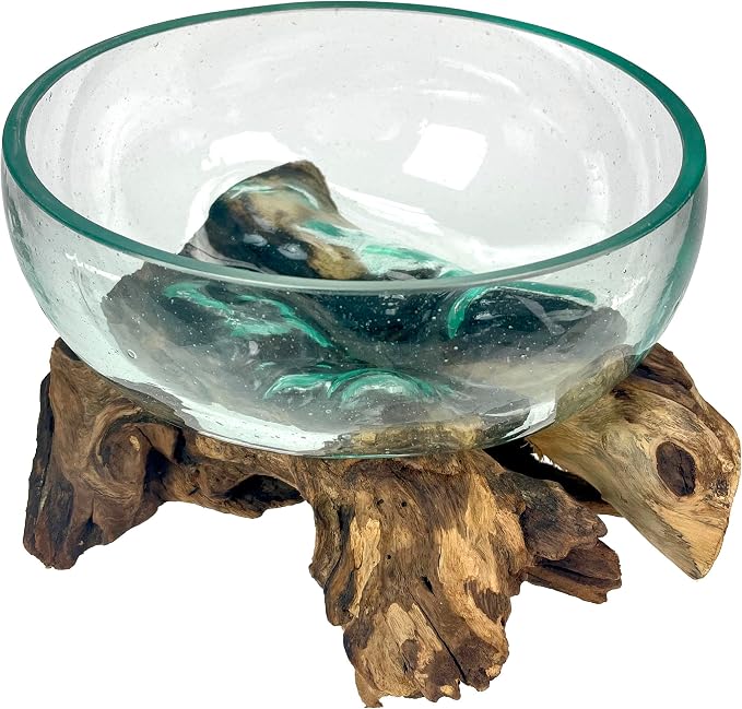 Decorative Vase, 10 Inch Diameter Molten Glass Bowl on Driftwood | Low 6 Inch Profile, Genuine Indonesian Wood, Hand Blown Clear Vessel with Bubbles and Organic Shapes