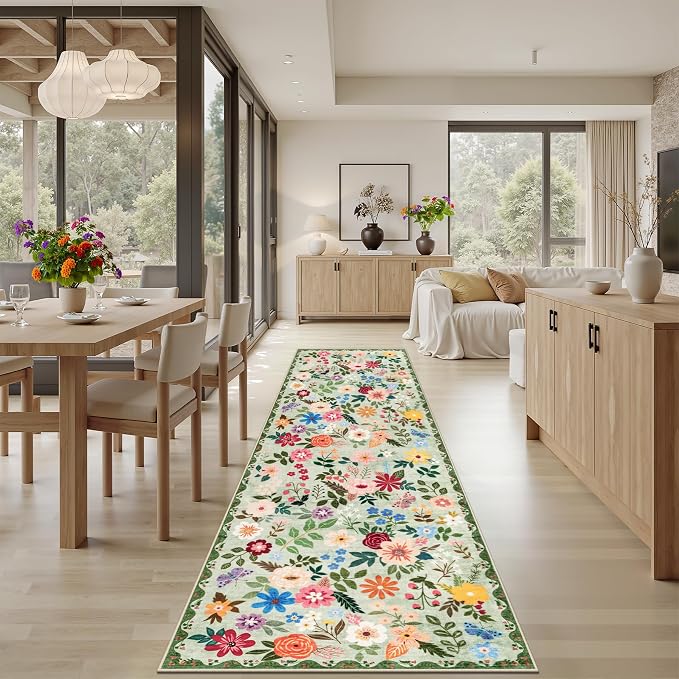 Runner Rug for Entryway: 3x10 Kitchen Rugs Non Slip Washable Ultra-Thin Soft Floral Carpet Indoor Floor Stain Resistant Carpets for Hallway Bedroom Kitchen Laundry Bathroom Dorm Green