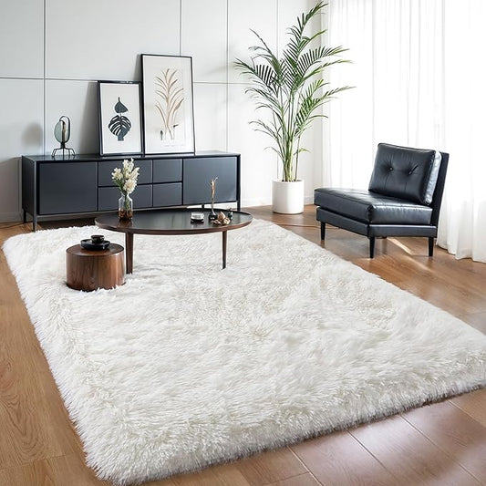 KICHOWUA Thick Area Rug 5x7 Cream White Fluffy Shag for Girl Bedroom,Ultra Soft Plush Fuzzy Washable Thickened Non-Slip Floor Carpet,Modern Furry Shaggy Rug for Living Room Nursery Kids Boy Dorm,Ivory