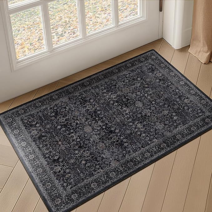Dark Entryway Rug 2x3, Kitchen Rugs Non Slip Washable, Low Pile Ultra Thin Door Mat Indoor Entrance, Small Carpet for Bedroom Bathroom, Vintage Farmhouse Earth Tone Midnight