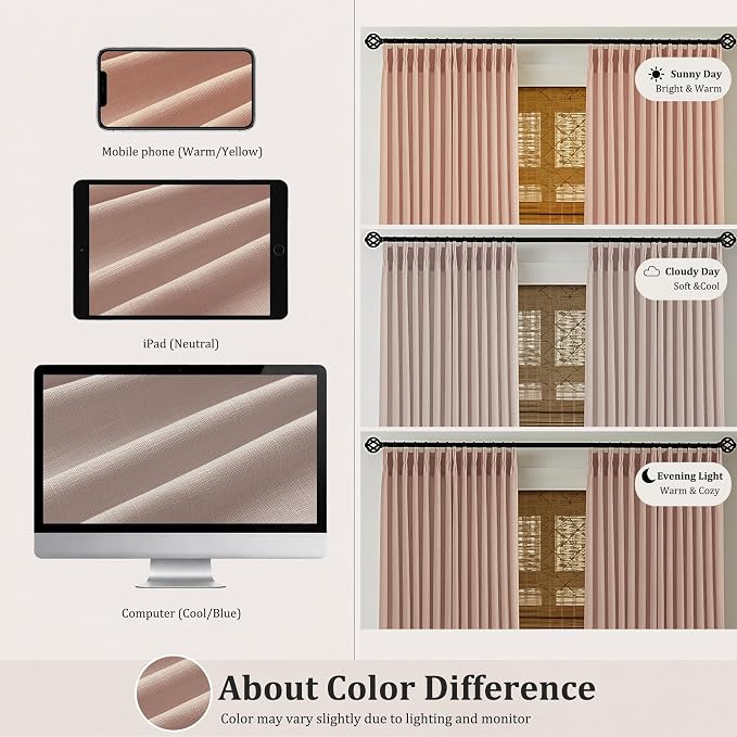 Pinch Pleated Linen Curtains 92 Inch, 2 Panels Premium 400GSM Memory Trained Semi Sheer Light Filtering Window Drapes for Living Room Bedroom Dining,Back Tab & Adjustable Hooks Rings, Muted Terracotta