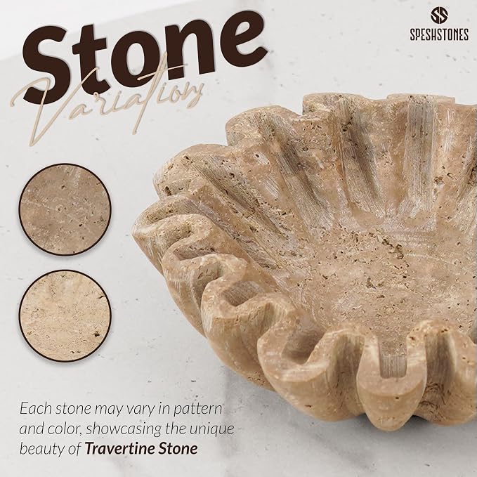 Marble Small Decorative Bowl 6 Inch Handmade Travertine Ruffle Bowl, Small Bowls for Tables Centerpieces & Gifts, Fluted Ring Dish, Fruit & Key Bowl for Entry Table, Scalloped Bowl
