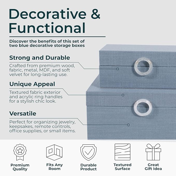 Sagebrook Home Set of 2 Decorative Storage Boxes with Lids - Fabric Covered MDF & Wood, Acrylic Handles - Home & Office Organizer - 9" & 7" Blue