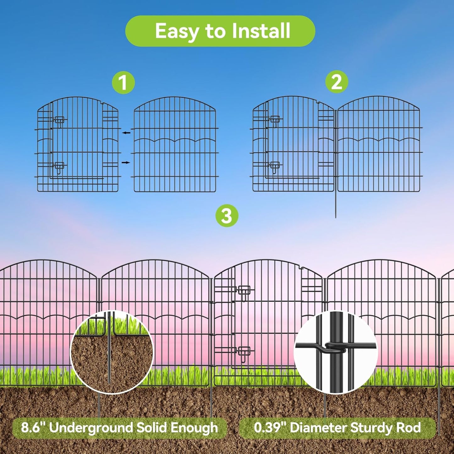 Decorative Garden Fence 12 Panels 26.8ft(L)×32in(H) Garden Fences Animal Barrier Fencing with 11 Panels + 1 Gate, No Dig Metal Rustproof Wire Border Temporary Dog Fence Outdoor for Patio Yard Lawn