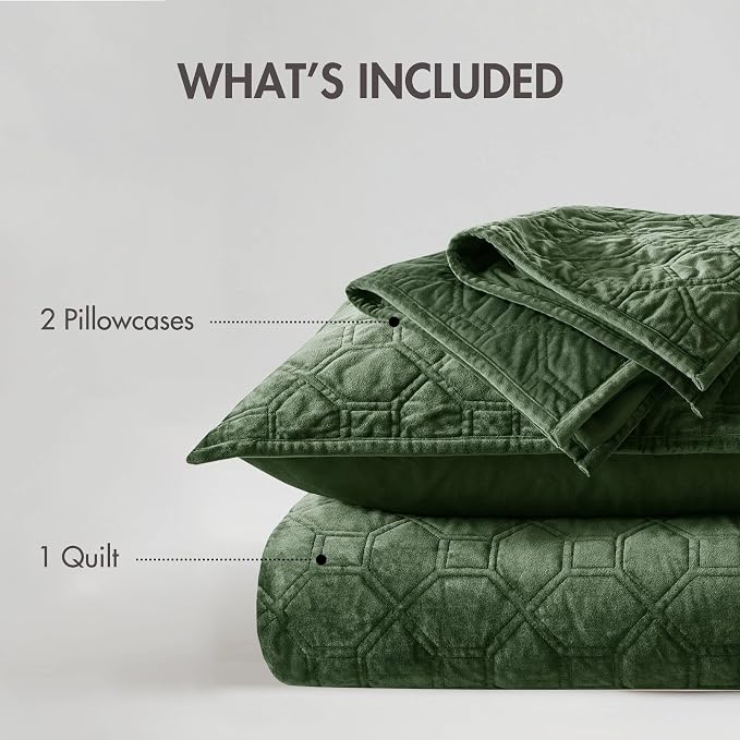 Madison Park Harper Quilt Set Velvet Casual Geometric Stitching Design All Season, Lightweight Coverlet, Cozy Bedding, Matching Shams, Full/Queen(90"x90"), Green 3 Piece