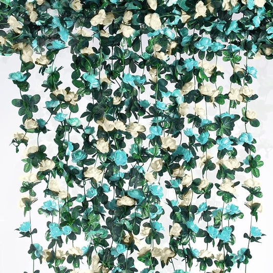 PONKING 6 Pcs x 8.2 ft Flower Garland Artificial Rose Vine Flowers with Green Leaves Hanging Fake Roses Vine for Room Party Home Wedding Birthday Christmas Wall Arch Decor, White Blue Flower