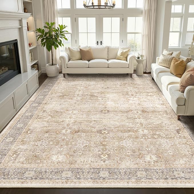 Large Rugs for Living Room 10x14, Farmhouse Big Area Rug for Bedroom Dining Room, Washable Non Slip Low Pile Thin Room Rug for Dining Room Family Room, Earth Tone Beige Taupe
