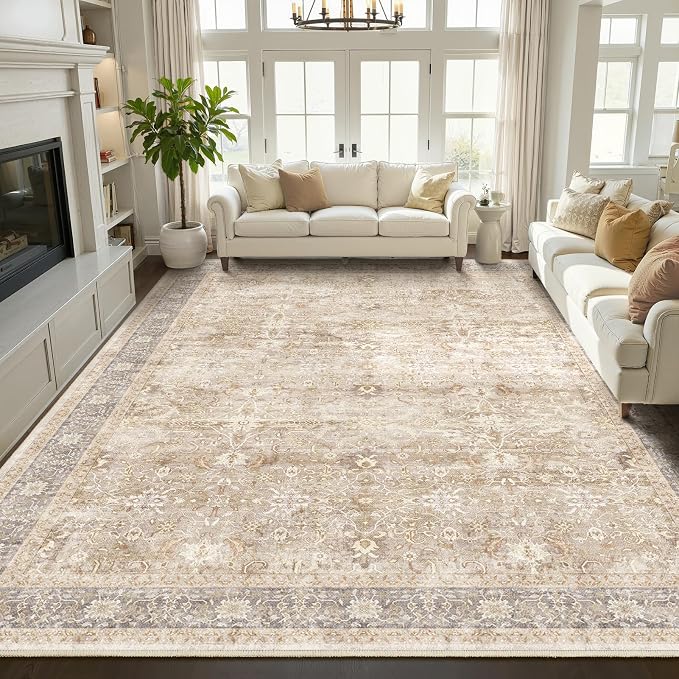Beige Big Rug 10x12, Vintage Neutral Carpet Large Size 10x12 for Living Room Bedroom, Washable Non Slip Low Pile Thin Room Rug for Dining Room Family Room, Farmhouse Beige Taupe