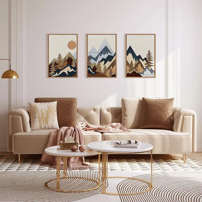 HOURIA Mid Century Mountain Woodland Framed Wall Art Set,Boho Sunrise Pine Tree Wall Decor,Wilderness Nature Forest Artwork,Modern Woodcut Field Art Print for Living Room,Bedroom,Office- 16"x24"x3