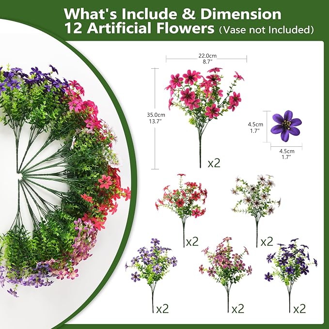 Artificial Flowers for Outdoor Fake Plants Spring Decoration, 12 Bundles Realistic Faux Flower Silk Daisy Plastic Bouquet UV Resistant for Outside Porch Patio Balcony Planter Yard Garden Home Decor