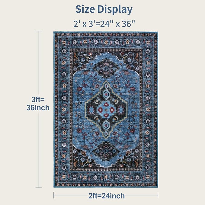 Tangsoo Blue 2x3 Washable Rugs for Entryway Oriental Non Slip Small Area Rug, Vintage Indoor Front Door Rug, Print Door Mat Indoor Entrance Soft Low Pile Throw Rug for Entry Kitchen Bedroom Blue/Black