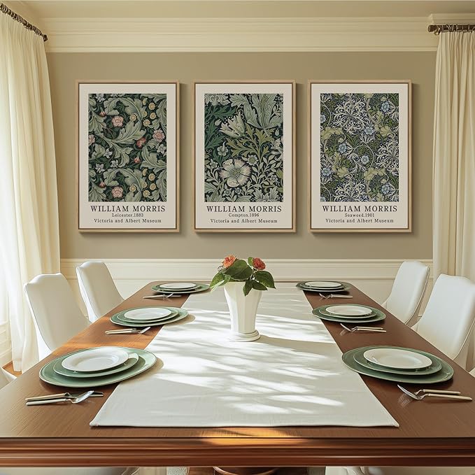 Framed William Morris Canvas Wall Art Set of 3, Green Vintage Floral Prints, Boho Farmhouse Botanical Decor for Living Room Bedroom Hallway Office, 16x24 Inch