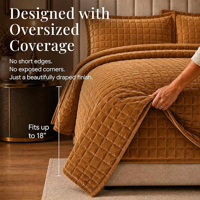 Tribeca Living Luxury Velvet Quilt Queen Size Set - 260GSM Ultra-Soft Oversized Velvet Bedspread Comforter Set with 2 Shams, in Florence Camel