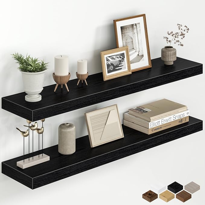 Fun Memories 36 Inch Floating Shelves for Wall, 8 Inch Deep Rustic Wood Floating Shelves Set of 2, Wall Mounted Hanging Shelf with Invisible Brackets for Bathroom, Bedroom, Kitchen, Living Room, Black