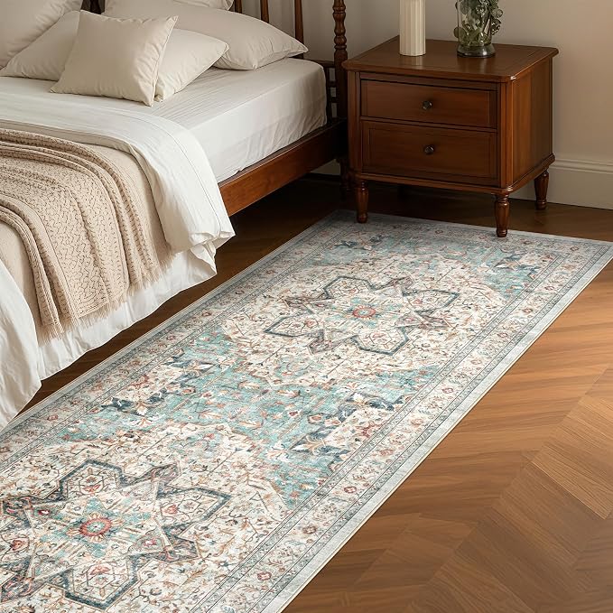 Tortania Area Rug 2x6 Runner Rugs - Washable Vintage Oriental Farmhouse Thin Indoor Carpet for Living Room Bedroom Hallway Entryway Kitchen Under Dining Table Home Office - Aqua Multi