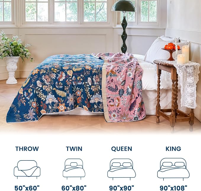 MSGKV Boho Throw Blanket for Couch 50"x60" 100% Cotton Floral Blanket Summer Breathable Lightweight Muslin Home Decorative Blankets for Sofa