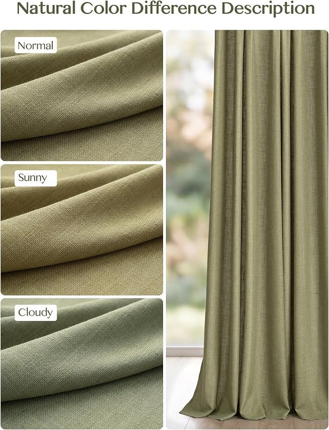 Liz Pinch Pleated Linen Curtains Light Filtering Curtains for Living Room, Farmhouse Window Curtains for Bedroom, Modern Drapes with Hooks and Rings, 102 Inches Long, Olive Green, 2 Panels Set