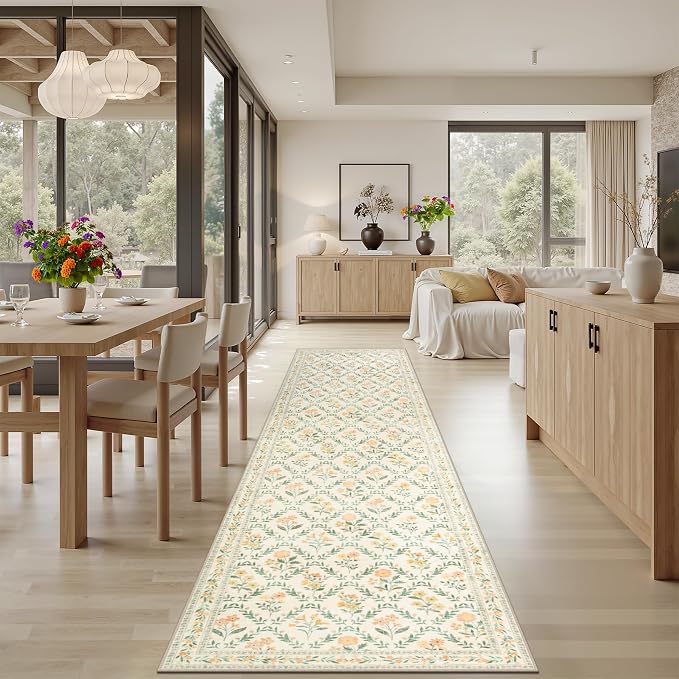 Runner Rug for Entryway: 2.6x10 Kitchen Rugs Non Slip Washable Ultra-Thin Soft Floral Carpet Indoor Floor Stain Resistant Carpets for Hallway Bedroom Kitchen Laundry Bathroom Dorm Beige/Multi