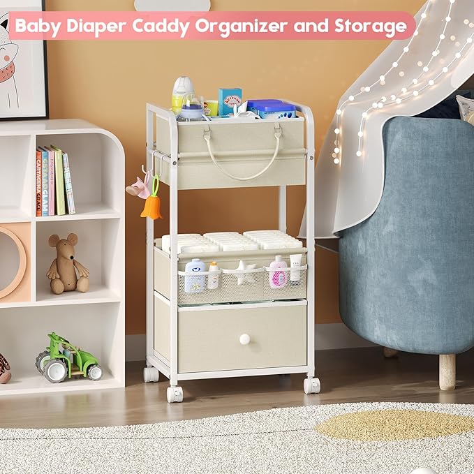 Cidaziya 2In1 Baby Diaper Caddy Organizer and Storage, 3 Tier Rolling Cart with Drawer, Mobile Utility Cart Baby Dresser Clothes Organizer for Crib, Art & Craft Storage, White, 17"W x 11.42"D x 33.5"H