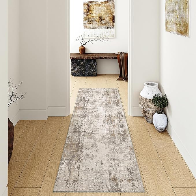 2x10 Washable Runner Rug Brown Grey Abstract Non Slip Soft Low Pile Hallway Kitchen Rug Neutral Modern Carpet for Laundry Bathroom Bedroom Living Room Home Decor