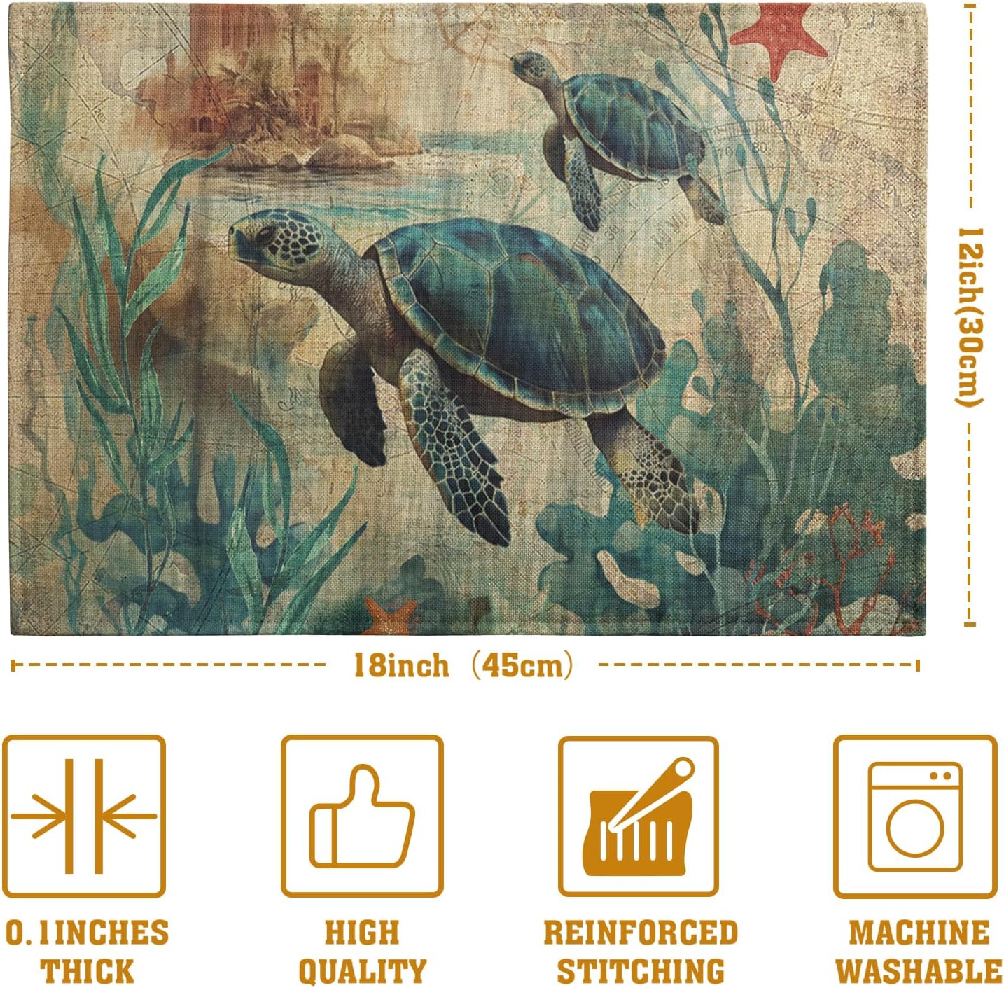 Sea Turtle Placemats Set of 4 Summer Beach Seasonal Linen Table Mats 12x18 Inch Vintage Ocean Animal Heat Resistant Washable Non-Slip Place Mats for Party Kitchen Dining Decoration