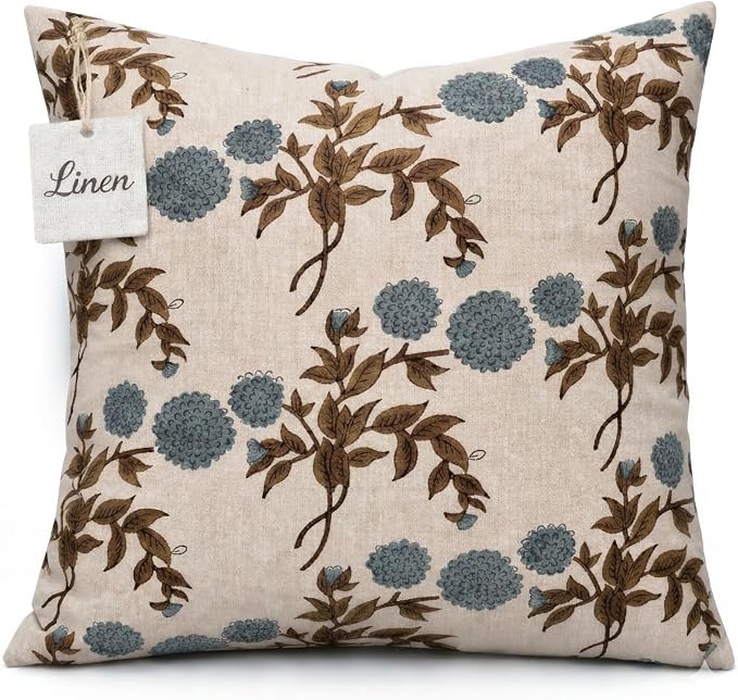 Linen Blue Throw Pillow Covers 20x20 inch Floral Pillows Spring Decorative Pillow Covers for Living Room Bedroom