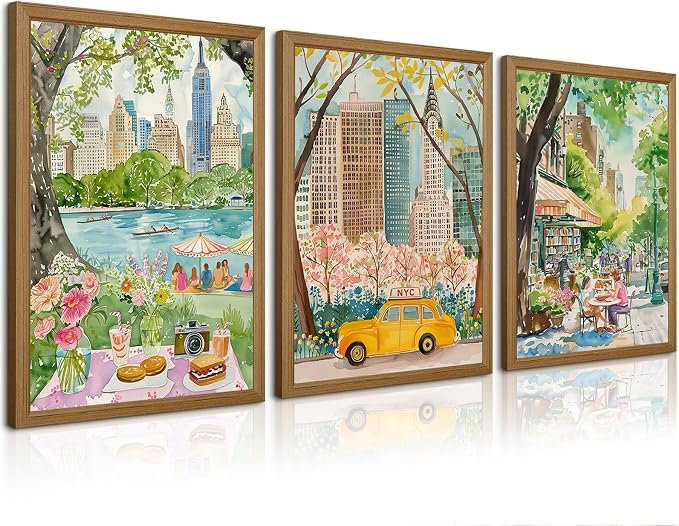 Watercolor New York City Wall Art Nyc Canvas Poster Travel Wall Decor Nyc Painting Central Park Picture New York Landmarks Artwork for Bedroom Living Room 16x24x3 Inch Wood Framed