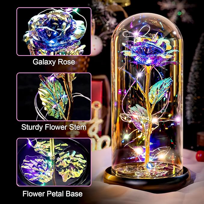 Mothers Day Flowers Gifts for Mom Birthday Gift Rechargeable Galaxy Glass Rose in Glass Dome Forever Crystal Rose Flowers Anniversary Mother's Day Roses Gifts for Daughter Wife Women Grandma Purple