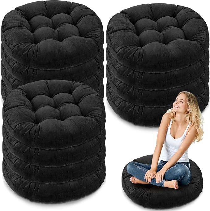 Jerify 12 Pcs Floor Pillow Cushions Large Round Square Large Meditation Floor Pillow for Classroom Adult Meditation Picnic Party Seating Learning Daycare School (Round,Black)