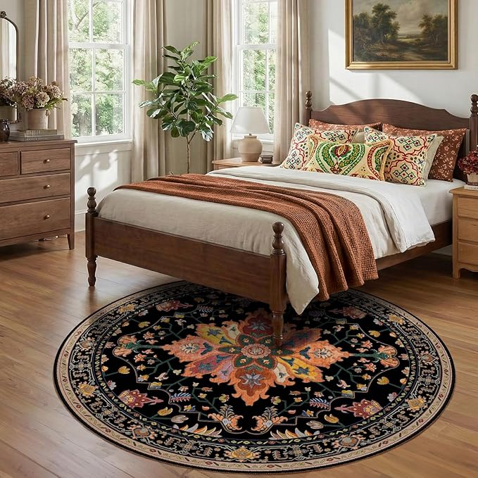 RELEANY Area Rugs 7ft Washable Non-Slip, Floral Vintage Distress Print Pattern Medallion Carpet for Living Room Bedroom Dining Room, Black Colorful Floral Dark Tan