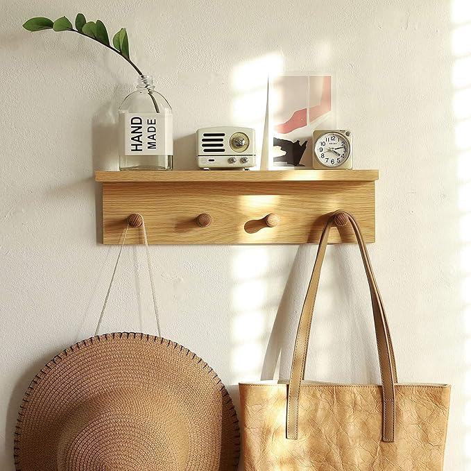 Entrance Coat Rack ，Coat Hooks, Wall-Mounted Wooden Hook Rack, Wall-Mounted Shelves(Oak Colored Finish—A-1)