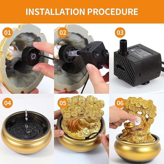 Gold Money Tree Feng Shui Desktop Water Fountain Waterfall Decoration with LED Light Portable Tabletop Decorative Zen Meditation Waterfall for Office Living Room Craft