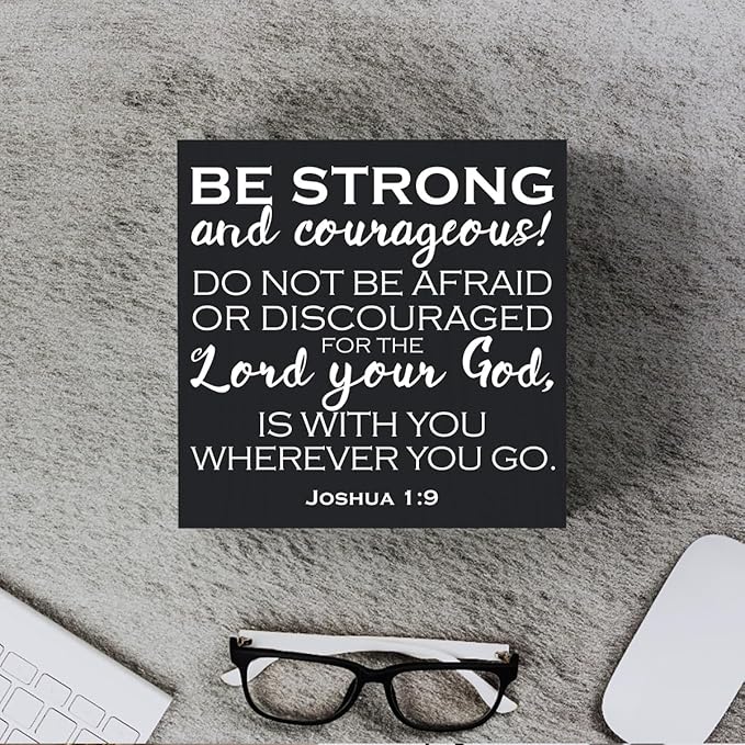 Bible Verse Wooden Box Sign Plaque Be Strong and Courageous Do Not Be Afraid Wood Box Sign Rustic Art Home Office Shelf Desk Decor 5 x 5 x 1 Inches