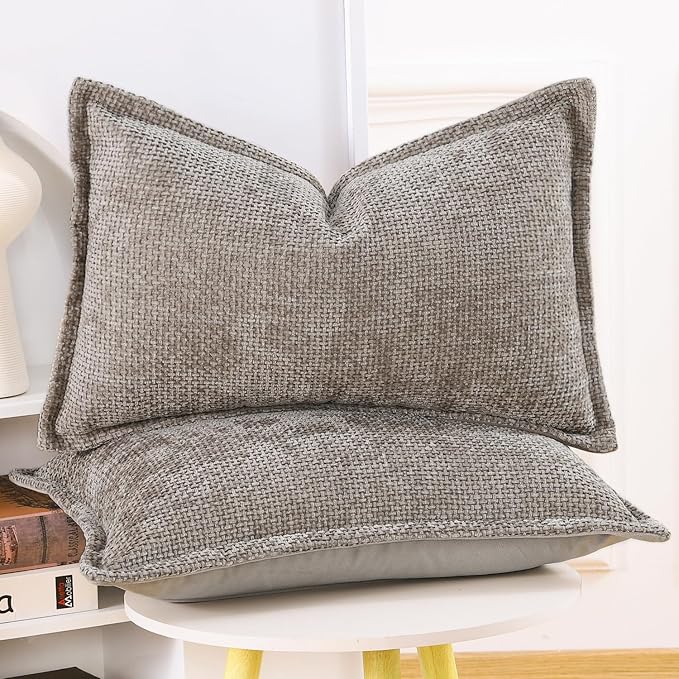 MADIZZ Decorative Chenille Velvet Throw Pillow Covers Set of 2 Soft Boho Textured Neutral Couch Throw Pillow for Bed Modern Farmhouse Home Decor for Sofa Livingroom Taupe 12x20 Inch