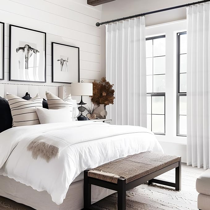 White Linen Curtains 102 Inches Long Tall for Living Room,Semi Sheer Pinch Pleated Curtain for Sliding Door Modern Neutral Light Filtering Privacy Drape with Hooks for Track System W40 xL102 2 Panels