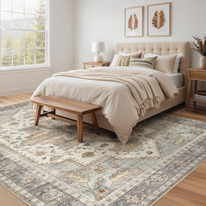 Tortania Area Rug Living Room Rugs - 8x10 Washable Boho Rug Vintage Oriental Distressed Farmhouse Large Thin Indoor Carpet for Living Room Bedroom Under Dining Table Home Office - Greige