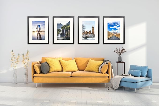 The Display Guys - Black Wooden Minimalist Picture Frames Set - Tempered Glass - 18x24 matted to 12x18 - Wall Hanging - 4-Pack