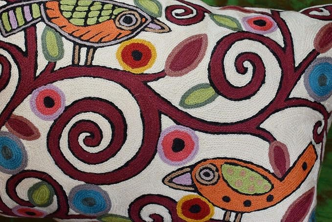 Lumbar Cushion Cover Hand Embroidered Wool 13x21 (Cream Birds Lumbar Pillow Cover)