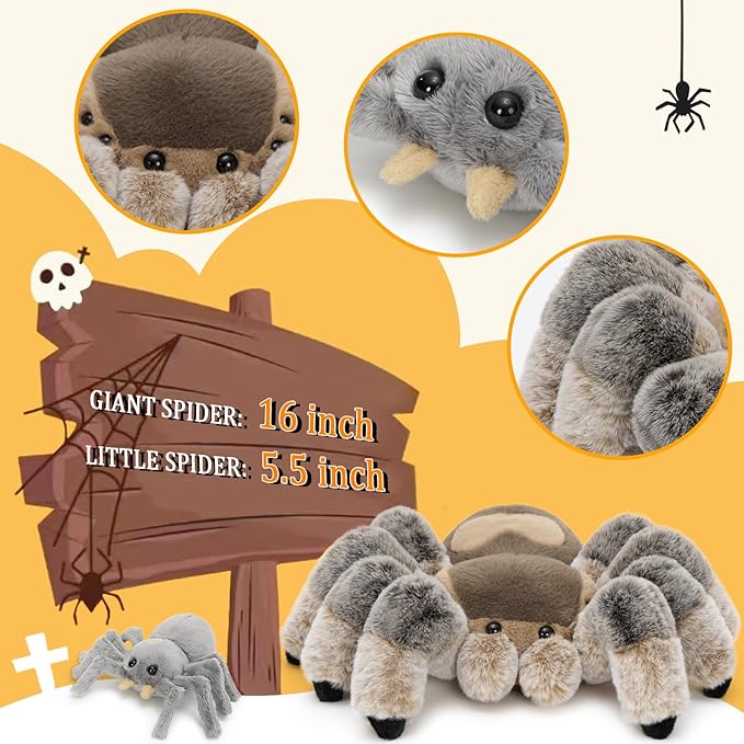 MorisMos 4Pcs Large Spider Plush, 16 Inch Mommy Spider Stuffed Animals with 3 Babies, Soft Cuddly Pillow Plush Gifts for Kids Boys Girls, Brown