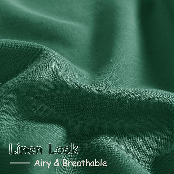 Dark Green Linen Curtains 90 Inch Long 2 Panels Set for Bedroom Living Room Emerald Green Linen Textured Window Drapes Semi Sheer Light Filtering Rod Pocket Back Tab Farmhouse Curtain 52x90