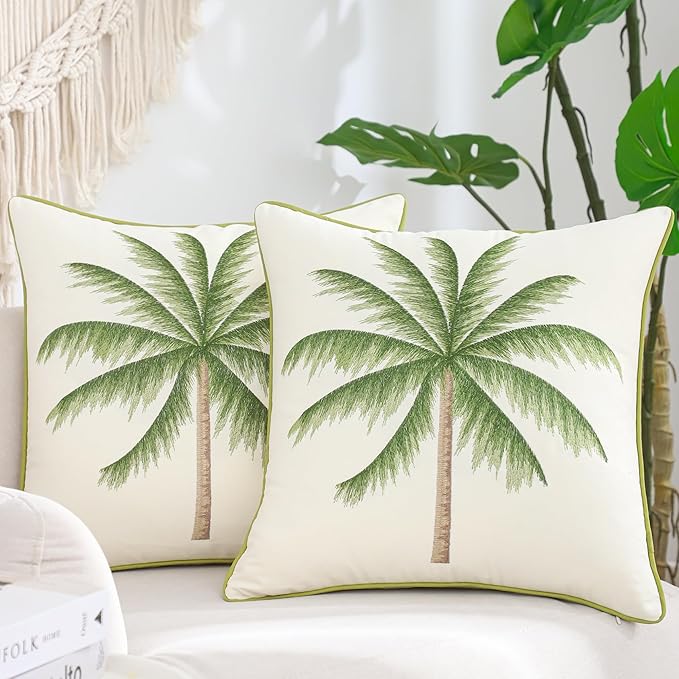 Tropical Palm Tree Pillow Covers 18x18 inch Pack of 2 Boho Embroidered Throw Pillow Covers Farmhouse Cushions Cases Square Pillowcases Spring Summer Home Decor