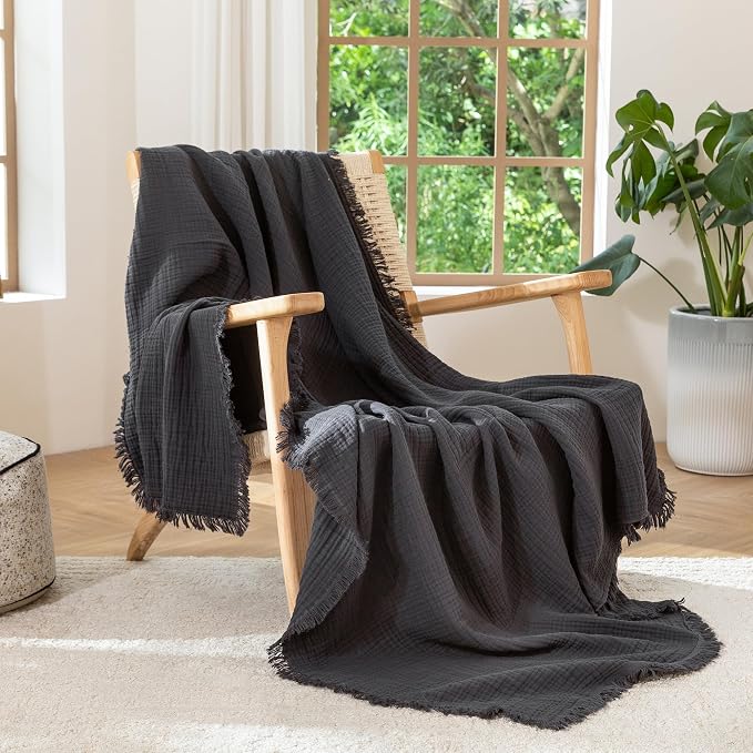 MooMee Muslin Blanket - 100% Cotton 4-Layer Gauze Throw Blanket with All-Around Fringe, Soft Breathable Lightweight Cooling Summer Blankets for Bed Couch (Dark Grey,Super King 108" x 98")