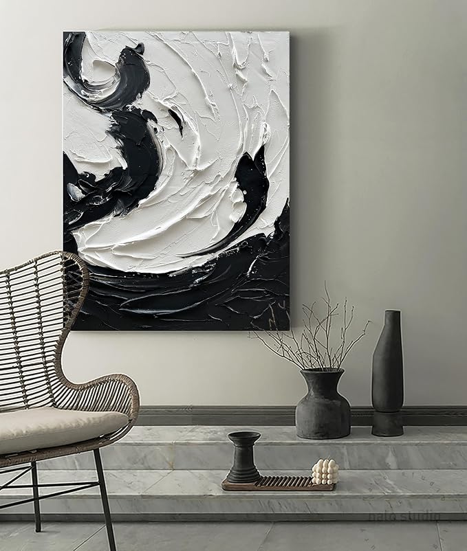 NANKAI Art 40x28 inches Hand-Painted Modern Wall Decorative Oil Painting Minimalist Style Art Black and White Abstract Thick Texture Painting Home Wall Decorative Painting