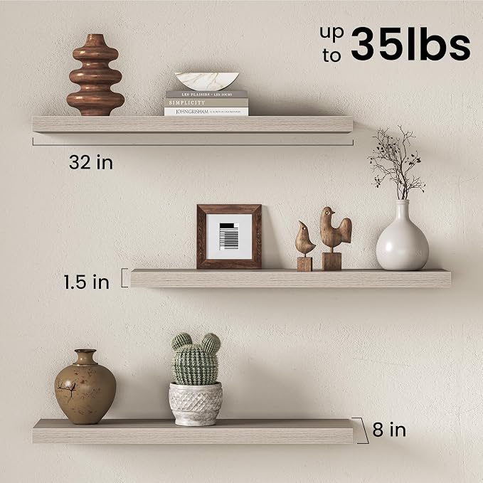 Fun Memories 32Inch Floating Shelves for Wall, 8 Inch Deep Shelves for Bathroom|Bedroom|Kitchen Wall Mounted, Wood Hanging Shelf with Invisible Brackets for Home Storage Decor, Grey - 2 Pack