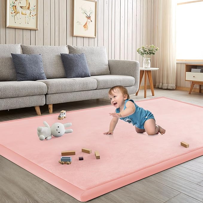 Baby Play Mat for Floor Nursery Rug Muscle Mat Area Rug Playroom Rug 47"x47" Playpen Mat Elastic Foam 1.3" Thick Crawling Mat for Babies,Toddlers, Infants, Kids,Light Pink