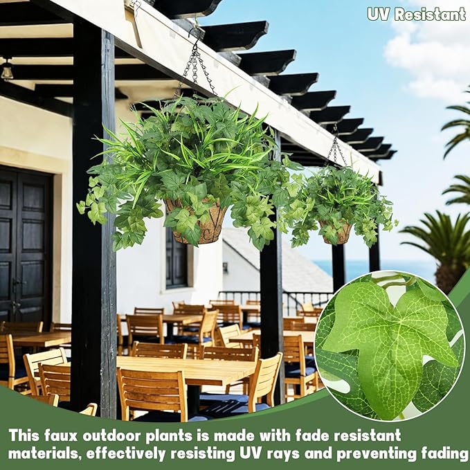 2 Pack Artificial Hanging Plants with Basket, 10 PCS UV Resistant Fake Outdoor Greenery Plants, Faux Grape Leaves for Home Garden Patio Front Porch Yard Decor (Green)