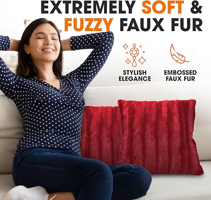 Cheer Collection Faux Fur Throw Pillows - Decorative Pillows for Couch, Bed Throw Pillows, Maroon Accent Pillows for Bedroom or Living Room Aesthetic, Set of 2 Furry Throw Pillows, 26" x 26"