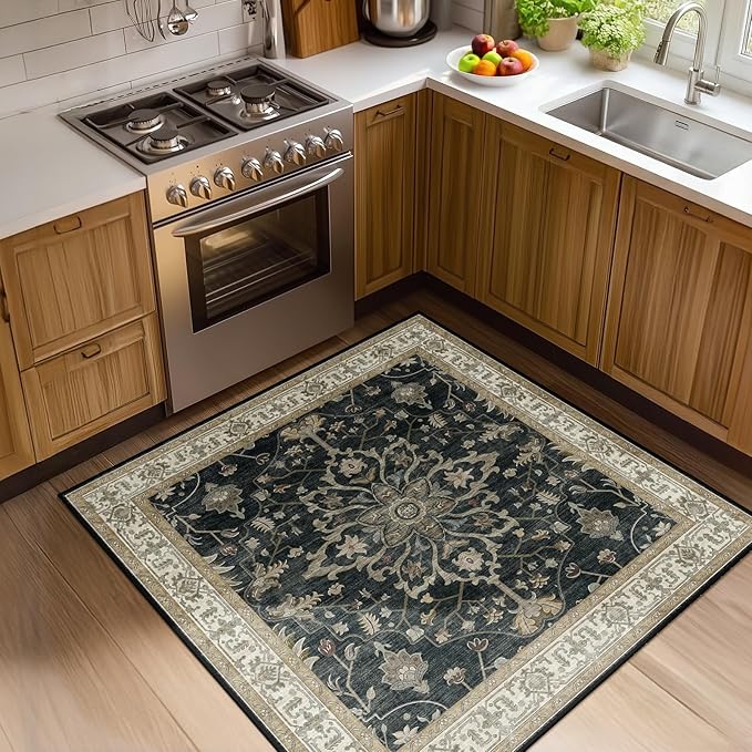 RELEANY Area Rugs Square 4ft Washable Non-Slip, Floral Vintage Distress Print Pattern Medallion Carpet for Living Room Bedroom Dining Room, Vintage Black Brown Neutral