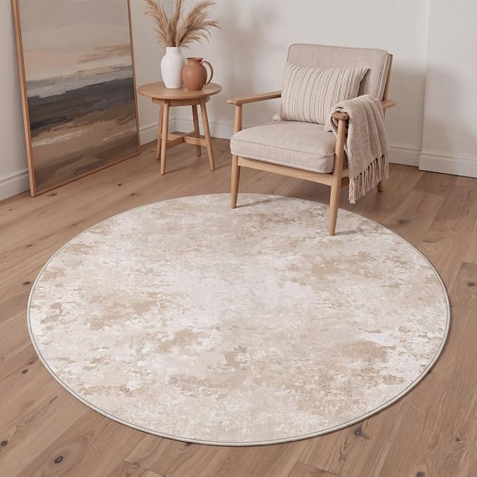 BEIMO Round Rugs 5FT for Living Room Bedroom, Modern Abstract Machine Washable Rug, Large Soft Low Pile Indoor Floor Carpet with Non Slip Backing for Dining Room, Beige White